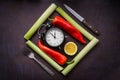 Concept lunch time of fresh vegetables on background. Breakfast time concept. Healthy vegetarian morning food Royalty Free Stock Photo