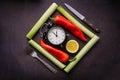 Concept lunch time of fresh vegetables on background. Breakfast time concept. Healthy vegetarian morning food Royalty Free Stock Photo