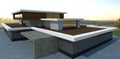 The concept of a luxurious three-level villa. Spacious wooden deck. Concrete pavement. Wonderful sunset. 3d render