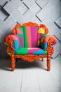 Concept of luxury and success with multi colored velvet armchair, boss place