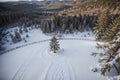 Majestic Winter Wonderland Aerial View of Snow Covered Pine Trees.AI Generated