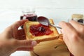 Concept of making cherry jam sandwich, close up