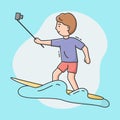 Concept Of Making Selfie. Video Blogger Is Making Selfie Or Vlog By Smartphone Stick Riding Surfboard. Surfer Is Smiling