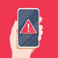 Concept of malware notification or error in mobile phone. Red alert warning of spam data, insecure connection Royalty Free Stock Photo