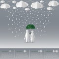 Concept of man holding umbrella with women on a rainy day,paper art and origami style Royalty Free Stock Photo