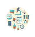 Concept of management medical science research, set flat icons Royalty Free Stock Photo