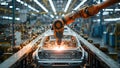 Automated Welding of Cars on Assembly Line by Robot Arm. Concept Manufacturing Processes, Robotics