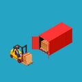 Concept marine cargo port. Unloading of sea cargo containers by a forklift. Closed containers and one outdoor.