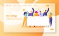 Concept of marketing team landing page. Team work with flat business people characters holding horizontal empty banner. T Royalty Free Stock Photo