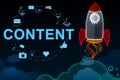 Concept meaning involves creation and sharing of online material. Rocket Ship Launching New Business Startup.