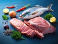 Concept of meat cultured from animal somatic cells. Meat and fish Royalty Free Stock Photo