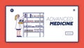 Concept Of Medicine Production. Website Landing Page. Woman Pharmacist Works In Pharmacy