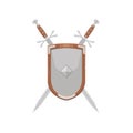 The concept of medieval weapons. A beautiful iron medieval knight's shield with two crossed swords positioned behind a