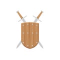 The concept of medieval weapons. A beautiful wooden medieval shield with two crossed swords positioned behind the shield Royalty Free Stock Photo