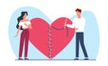 Concept of mending interrupted relationship, guy stitching up torn heart with needle and thread. Man and woman breakup Royalty Free Stock Photo