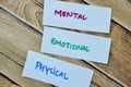 Concept of Mental, Emotional, Physical write on sticky notes isolated on Wooden Table