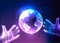 Concept of metaverse world with hands and planet earth globe in futuristic style on blue to purple