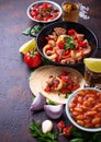 Concept of Mexican food. Salsa, tortilla, beans, fajitas and te