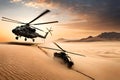 Military Choppers Or Helicopters Crosses Fire And Smoke In The Desert To Execute Military Landing Or Extraction, . Generative AI