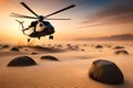 Military Choppers Or Helicopters Crosses Fire And Smoke In The Desert To Execute Military Landing Or Extraction, . Generative AI