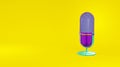 Concept minimalistic metallic purple green microphone cartoon style yellow background. Icon website blog photographer, video,