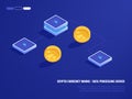 Concept of mining crypto currency, hardware server room, coin, computer processing power, database isometric