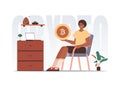 The concept of mining and extraction of bitcoin. The guy sits in a chair and holds a bitcoin in the form of a coin in