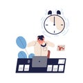 Concept of missing deadline, bad time management. Scene of tired, furious, stressed man clutch head, alarming clock