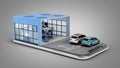 Concept of mobile car service service station and parking on the mobile phone screen 3d render on grey gradient