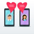 Concept of mobile online dating or love chat. Two flat smartphones with man and woman icons Royalty Free Stock Photo