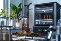 Concept of a modern device with AI for soil analysis. Computer diagnostics to help people. AI helps in the laboratory