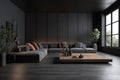 Modern empty living room and furniture decoration mock up design and black wall background texture. Generative AI Royalty Free Stock Photo