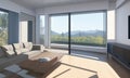 Concept of modern living room during day with furniture and big windows, view on green peaceful forest. Anime style digital