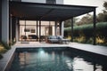 Modern patio outdoor with swimming pool, modern house interior and exterior design. Generative AI Royalty Free Stock Photo