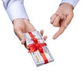 Concept, money as a gift. Man`s hand in shirt takes or gives pile of 100 dollar bills tied with red ribbon with bow. Isolated Royalty Free Stock Photo