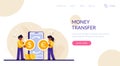 Concept of money transfer with mobile app. Man and woman with dollar and euro coin standing on mobile phone background Royalty Free Stock Photo