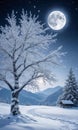 A Moonlit Winter Landscape With A Snow-Covered Tree Adorned With Glistening Ornament. Generative AI