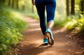 The concept of a morning jog, close-up of shoes and feet, a young girl practicing running in a park outside outdoors Royalty Free Stock Photo