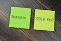 Concept of Mortgage and Open End write on sticky notes isolated on Wooden Table Royalty Free Stock Photo