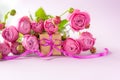 Concept Mother`s Day, Valentine`s Day. Gift present box with beautiful pink flowers roses bouquet Royalty Free Stock Photo