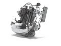 Concept motorcycle engine with radiator with gearbox 3d render on white background with shadow