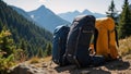 A mountain forest serves as the backdrop for large realistic hiking backpacks with detailed wideangle photography and natural