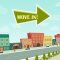 Concept move in relocation arrow forward car truck with boxes on a road, funny cartoon vector illustration clip art