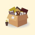 Concept of moving to new office. Cardboard brown box 3d with folders,wooden frame, pen,pencils, to do list,planner, envelope,