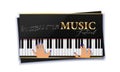 Music festival poster with piano keyboard and player hands