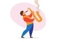 Concept of musician and playing saxophone. Male musician. Cartoon character standing and playing jazz melody saxophone. flat style