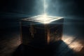 Mysterious pandora box opening with rays of light, high contrast image, 3d rendering, illustration. Generative AI