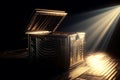 Mysterious pandora box opening with rays of light, high contrast image, ( 3d rendering, illustration ). Generative AI