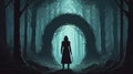 Concept of mystery visualized as a figure standing at the entrance of a dark forest Royalty Free Stock Photo