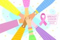 Concept of National Breast Cancer Awareness Month. Women with stack of hands showing unity and teamwork, top view. Royalty Free Stock Photo